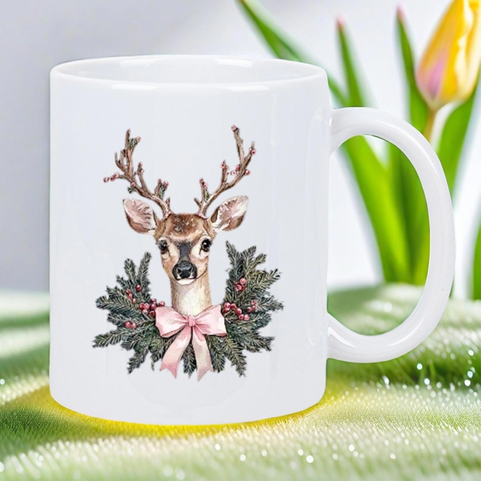 Tailorly White Ceramic 11 oz Mug - Artistic Watercolor Illustration With Festive Pine Wreath And Pink Ribbon Deer
