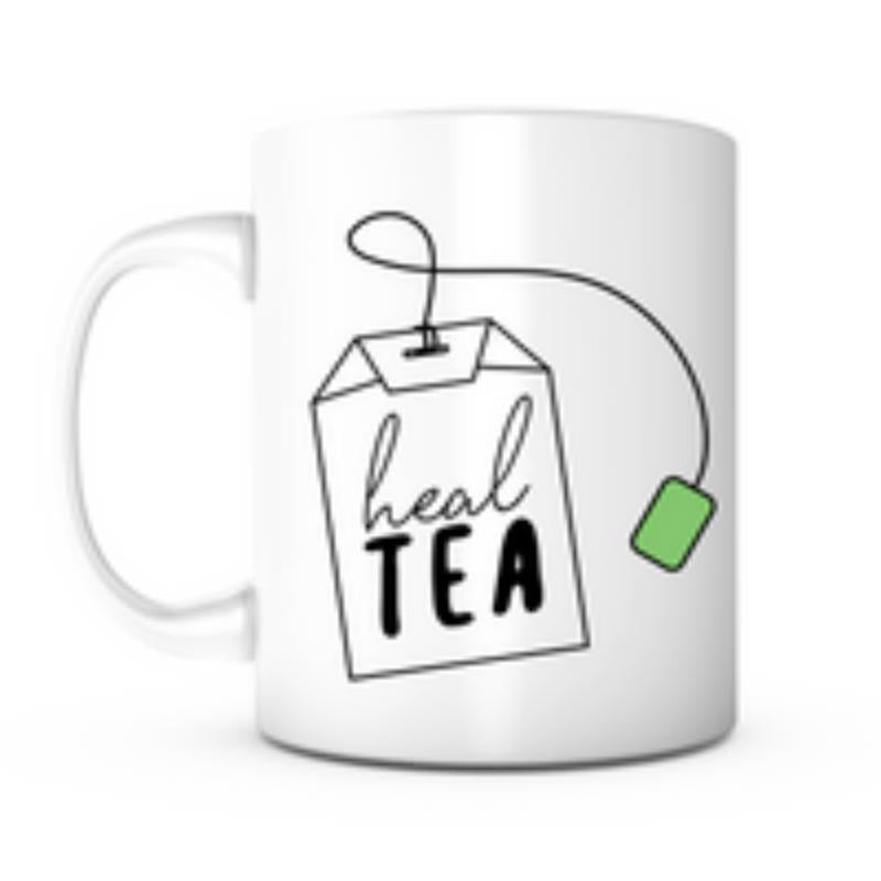 Tailorly White Ceramic 11 oz Mug - Heal Tea Minimalist Hand Drawn Tea Bag With Green Tag And String Tea