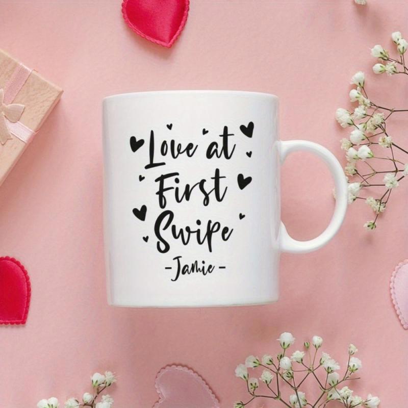 Tailorly White Ceramic 11 oz Mug - Love At First Swipe Jamie Tiny Minimalist Black Hearts Dancing Around Elegant Cursive Script Text Hearts