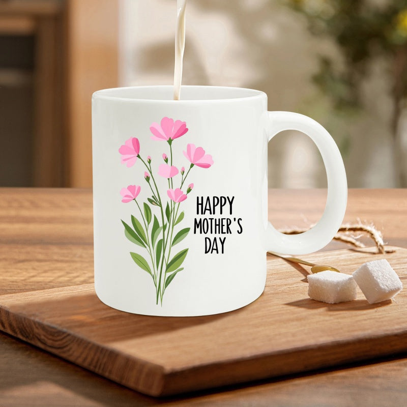 Tailorly White Ceramic 11 oz Mug - Happy Mother's Day Elegant Pink Blooming Flowers With Green Leaves And Slender Stems Flowers