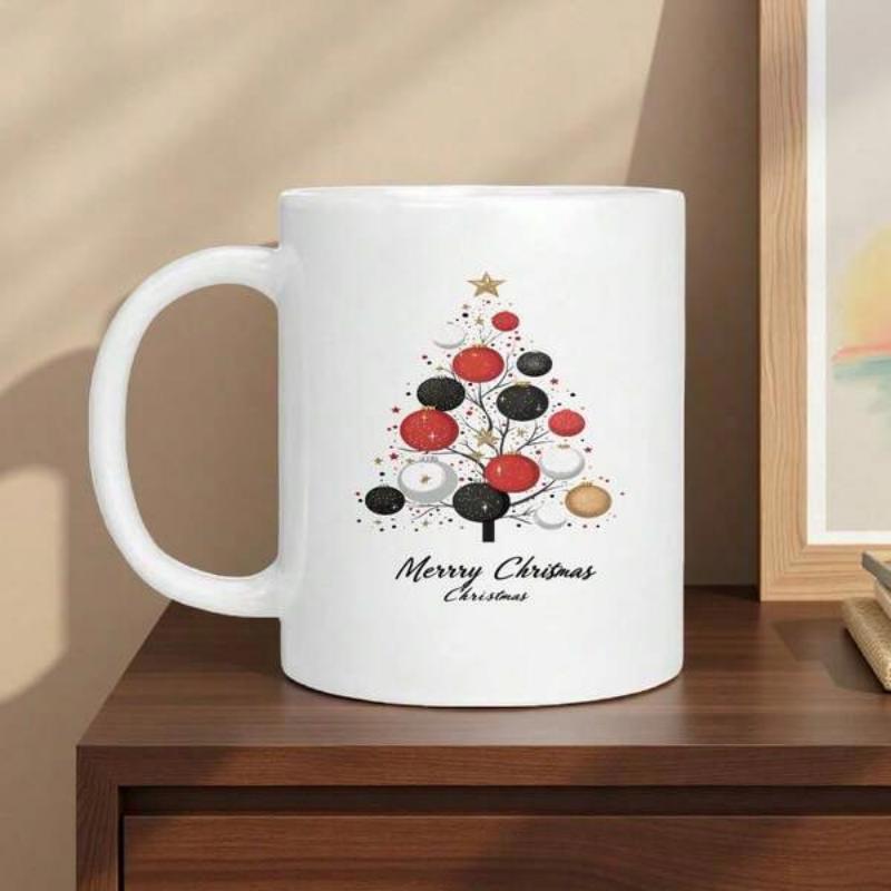 Tailorly White Ceramic 11 oz Mug - Merry Christmas Minimalist Artistic Branch With Red And Black Decorative Baubles Under Golden Star Tree