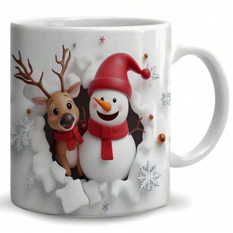 Tailorly White Ceramic 11 oz Mug - Cheerful Winter Reindeer And Smiling Snowman Peeking Through Cracked Wall Snowman