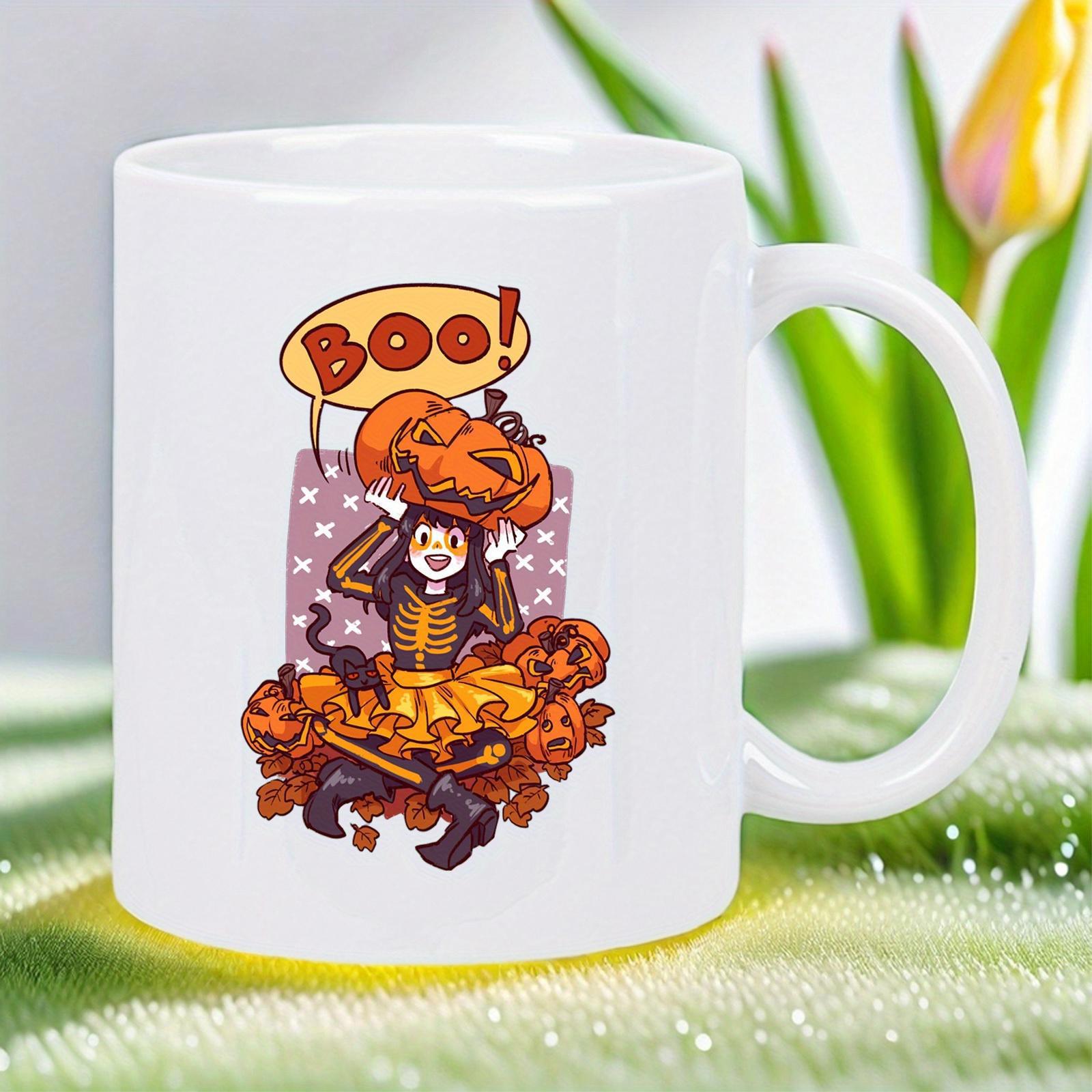 Tailorly White Ceramic 11 oz Mug - Boo Cartoon Girl Wearing Skeleton Costume Surrounded By Many Carved Halloween Pumpkins Girl