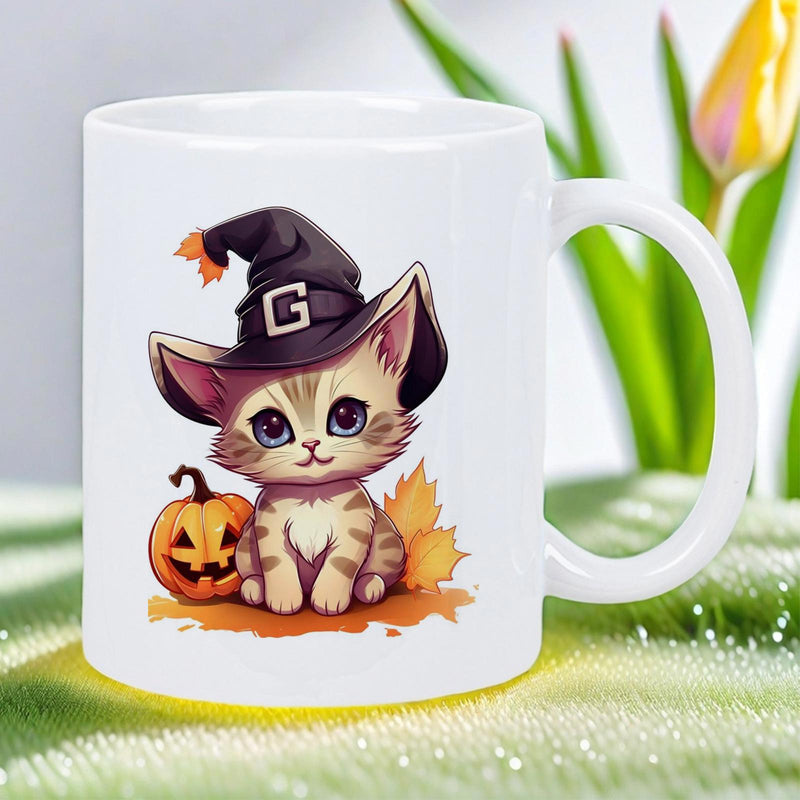 Tailorly White Ceramic 11 oz Mug - Cute Whimsical Tabby Kitten Wearing Witch Hat Near Festive Autumn Pumpkin Kitten