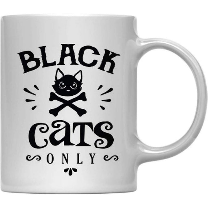 Tailorly White Ceramic 11 oz Mug - Black Cats Only Stylized Feline Head Featuring Crossed Bones And Decorative Vintage Typography Elements Cat