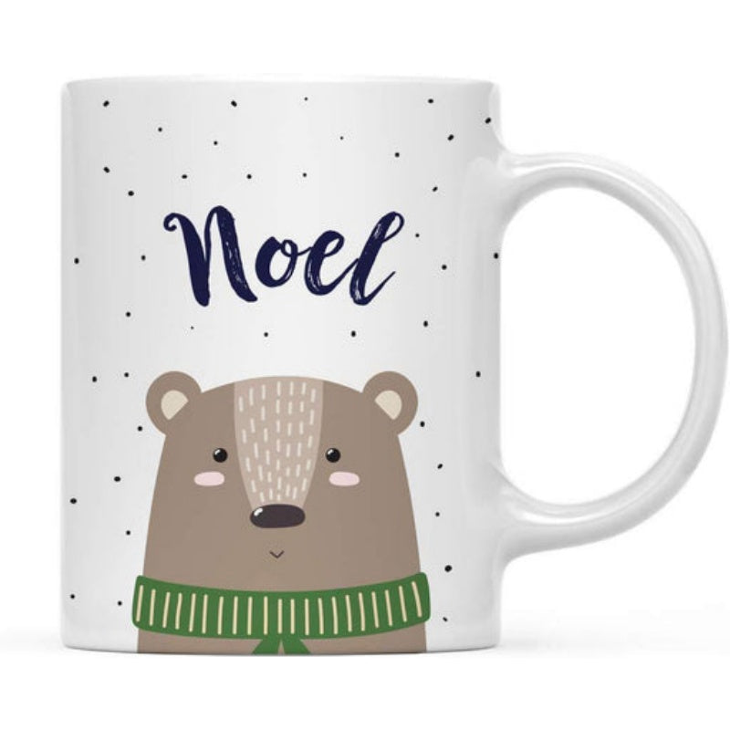 Tailorly White Ceramic 11 oz Mug - Noel Cute Brown Bear Wearing A Cozy Striped Green Scarf Under Snow Bear