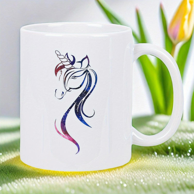 Tailorly White Ceramic 11 oz Mug - Graceful Mythical Creature With Starry Galaxy Mane Flowing In Artistic Lines Unicorn
