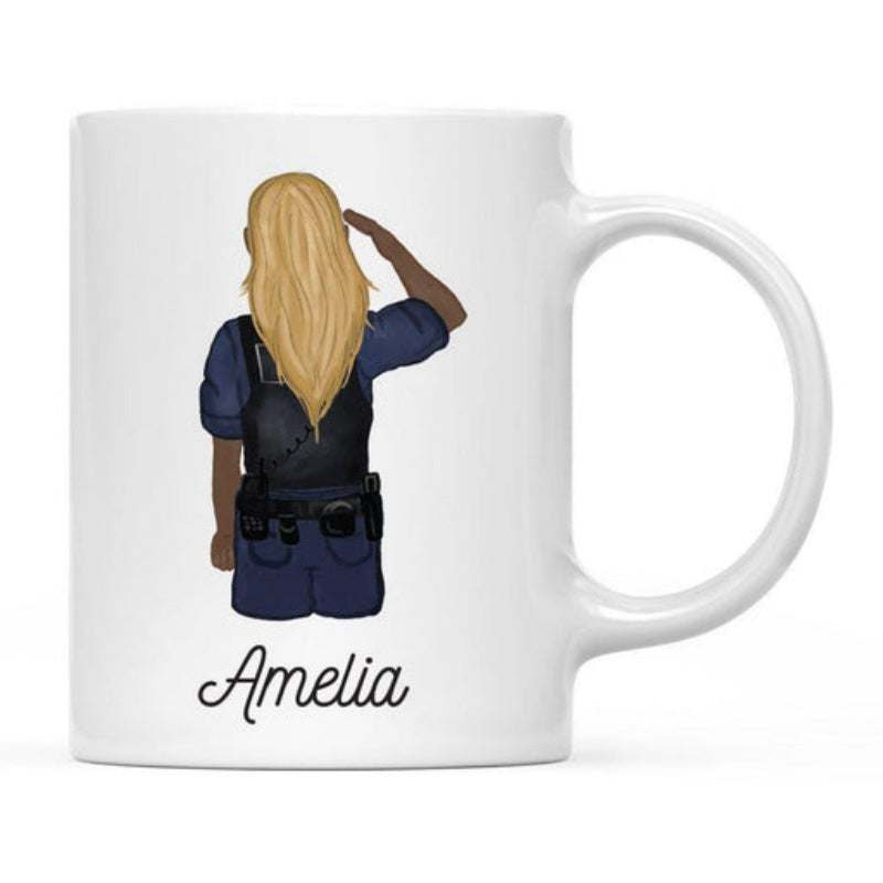 Tailorly White Ceramic 11 oz Mug - Amelia Courageous Female Police Guard Wearing Tactical Gear And Saluting Honor Officer