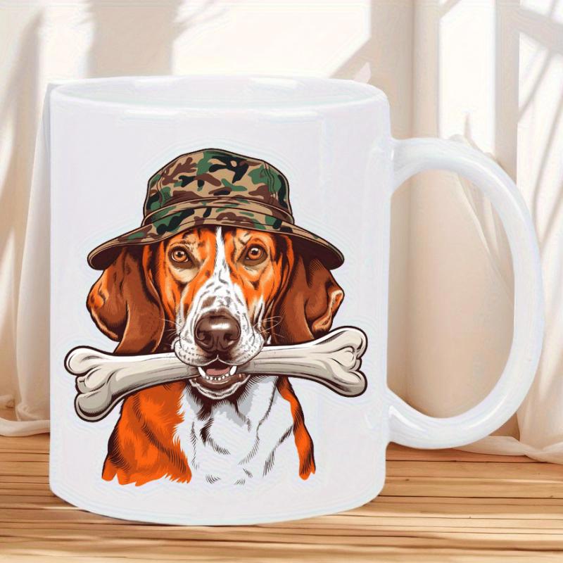 Tailorly White Ceramic 11 oz Mug - Illustrative Brown Hunting Dog Wearing Camouflage Bucket Hat Holding Large Bone Dog