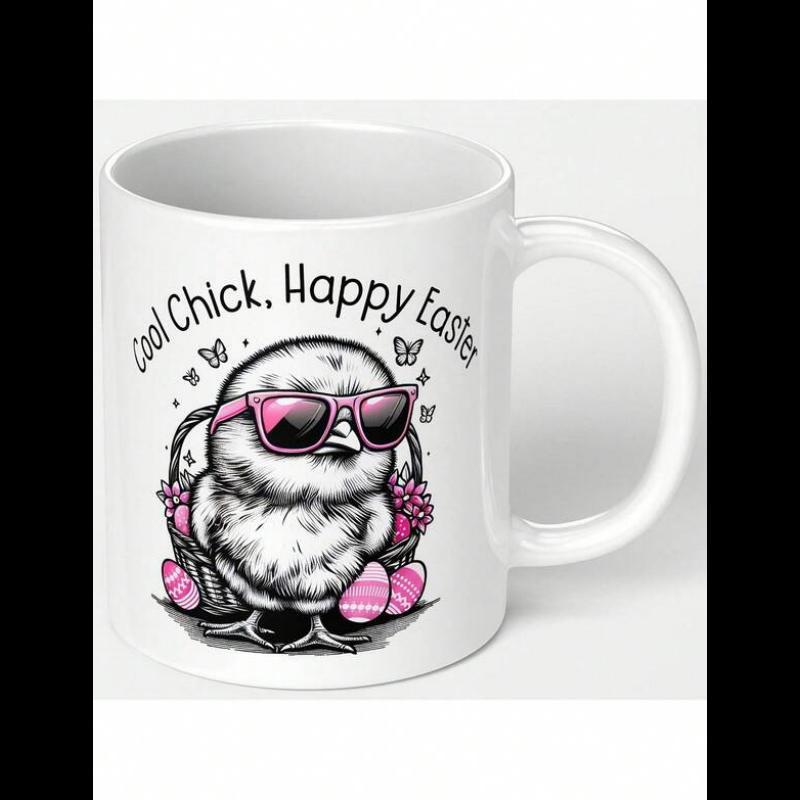 Tailorly White Ceramic 11 oz Mug - Cool Chick Happy Easter Small Fluffy Baby Bird Wearing Pink Sunglasses Sitting In Easter Basket Chick