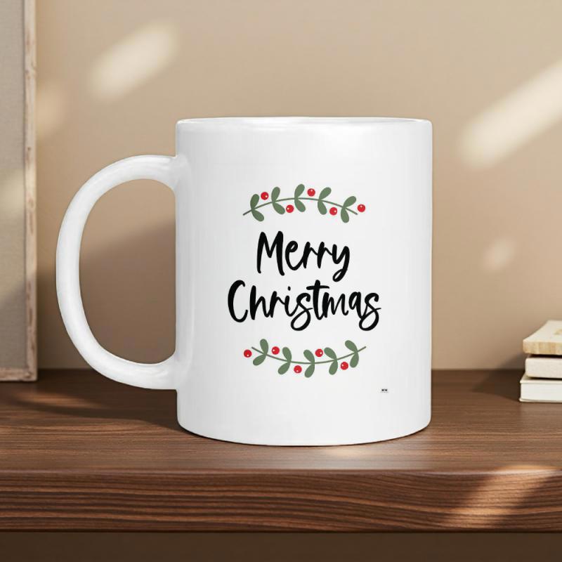 Tailorly White Ceramic 11 oz Mug - Merry Christmas Festive Holly Berries Decorating A Simple Ceramic Holiday Themed Coffee Mug