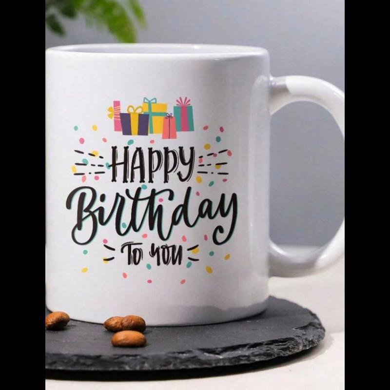 Tailorly White Ceramic 11 oz Mug - Happy Birthday To You Vibrant Celebration With Multi Colored Boxes Under Scattered Festive Confetti Present
