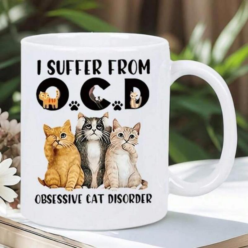 Tailorly White Ceramic 11 oz Mug - I Suffer From OCD Obsessive Cat Disorder Three Charming Multi Colored Kittens Sitting Closely Beneath Bold Stylized Artistic