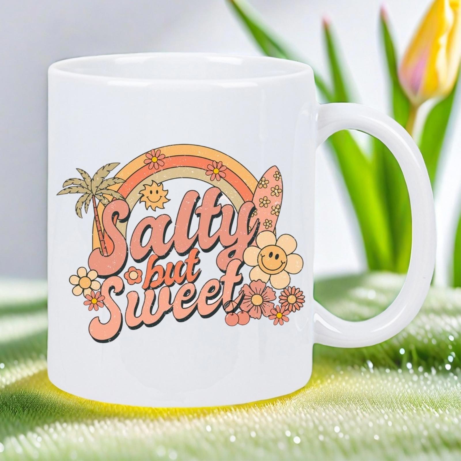 Tailorly White Ceramic 11 oz Mug - Salty But Sweet Retro Rainbow Arches With Smiling Sun And Tropical Palm Tree Surfboard Mug