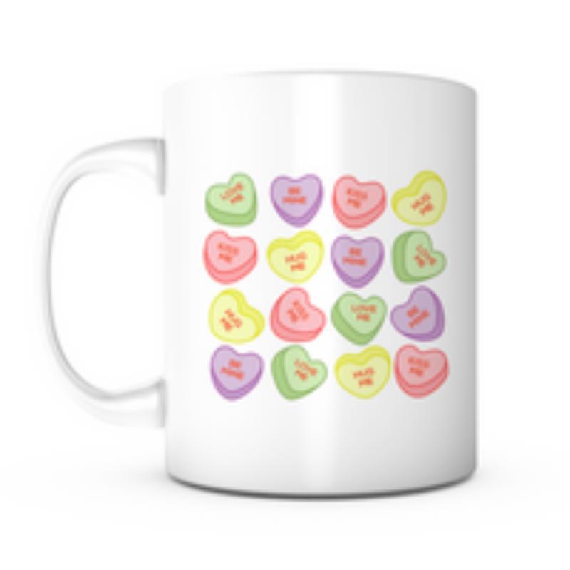 Tailorly White Ceramic 11 oz Mug - Be Mine Kiss Me Love You Colorful Pastel Sweetheart Candies Arranged In A Symmetrical Neat Grid Pattern Hearts