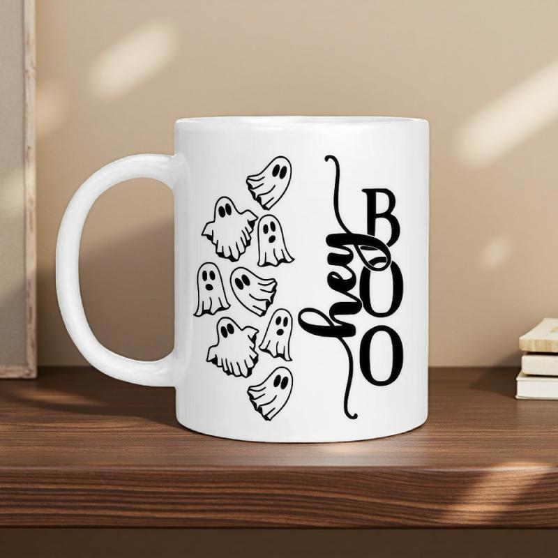 Tailorly White Ceramic 11 oz Mug - Hey Boo Cute Small Cartoon Spirits Floating In A Simple Black Line Drawing Ghost