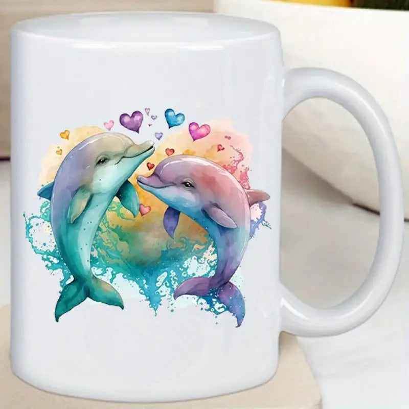 Tailorly White Ceramic 11 oz Mug - Two Graceful Watercolor Dolphins Jumping In Vibrant Waves Under Floating Hearts