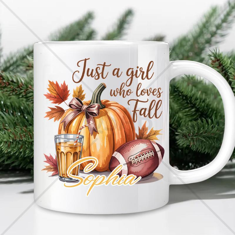 Tailorly White Ceramic 11 oz Mug - Just A Girl Who Loves Fall Sophia Vibrant Autumn Elements Featuring Maple Leaves And Classic American Football Pumpkin