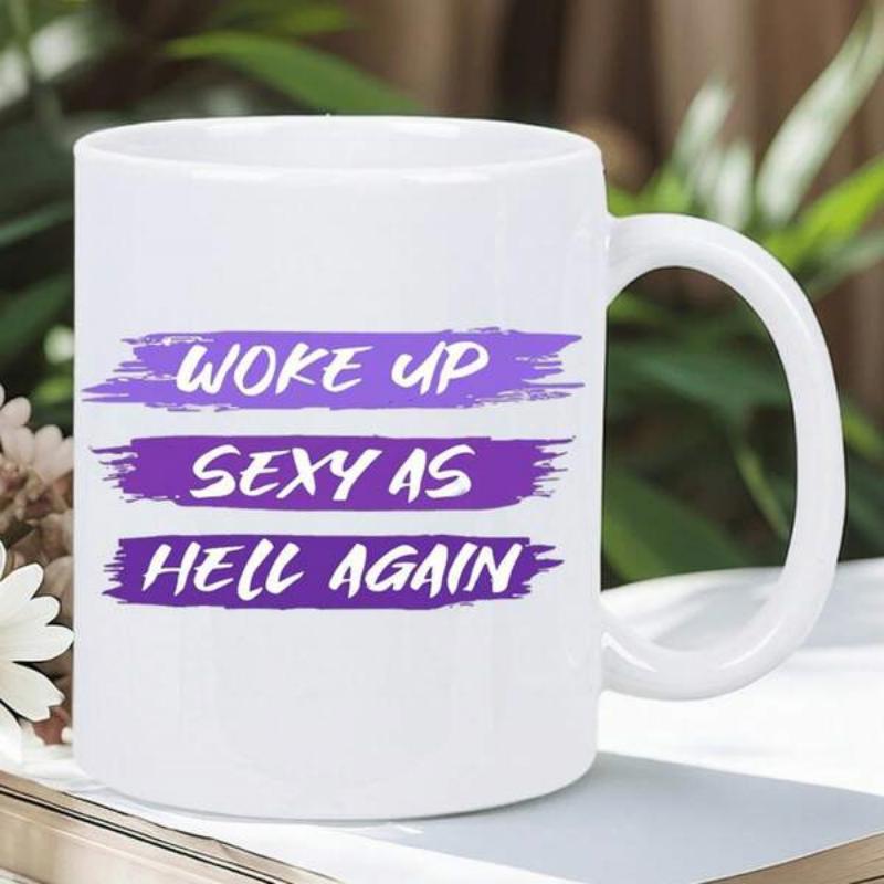 Tailorly White Ceramic 11 oz Mug - Woke Up Sexy As Hell Again Three Vibrant Purple Horizontal Brushstroke Paint Smears On Polished Surface Mug