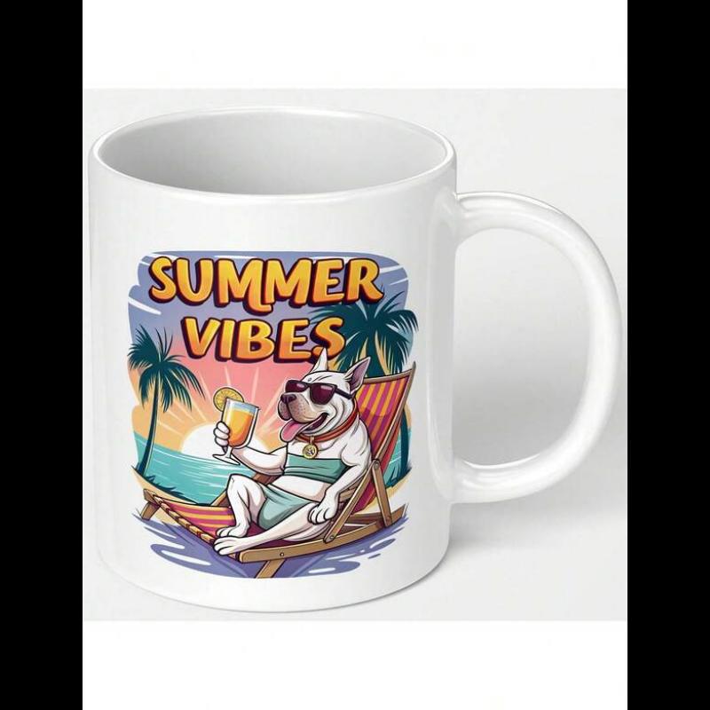 Tailorly White Ceramic 11 oz Mug - Summer Vibes Cool Sunglasses Wearing Canine Relaxing On Striped Beach Lounge Chair Bulldog