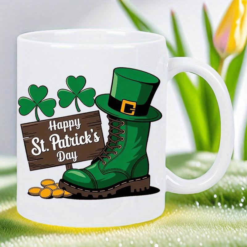 Tailorly White Ceramic 11 oz Mug - Happy St Patricks Day Green Leprechaun Boot With Top Hat Among Clovers And Gold Coins Boot