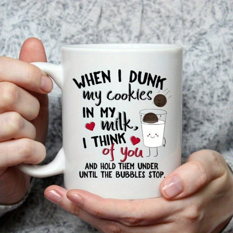 Tailorly White Ceramic 11 oz Mug - When I Dunk My Cookies In My Milk I Think Of You And Hold Them Under Until The Bubbles Stop Smiling Glass With Falling Cookies