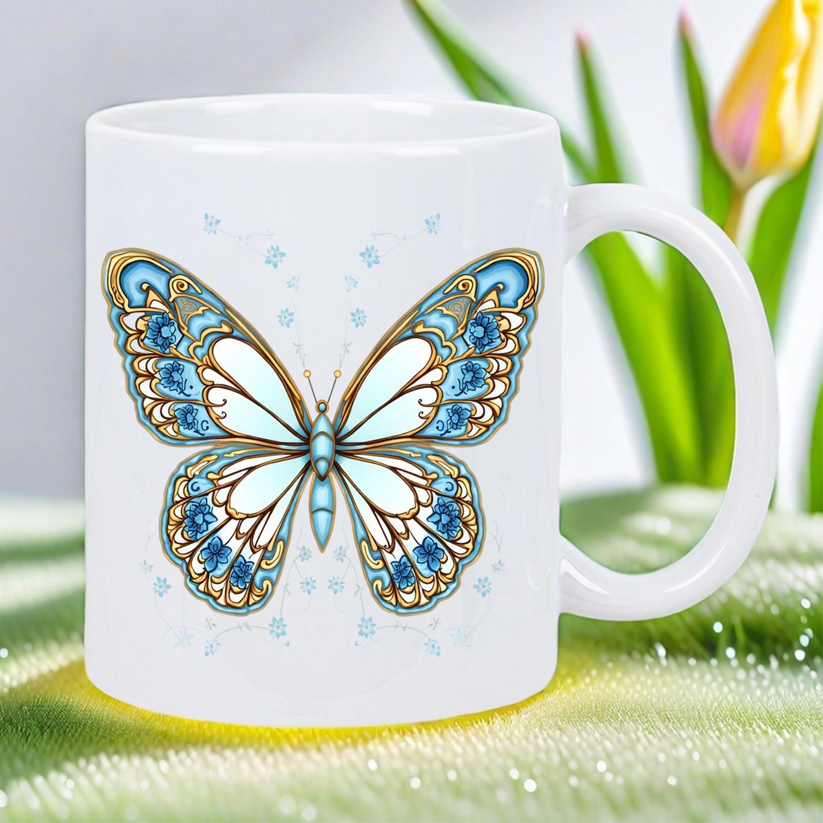Tailorly White Ceramic 11 oz Mug - Stained Glass Style Blue Wings With Golden Accents Floating In Air Butterfly