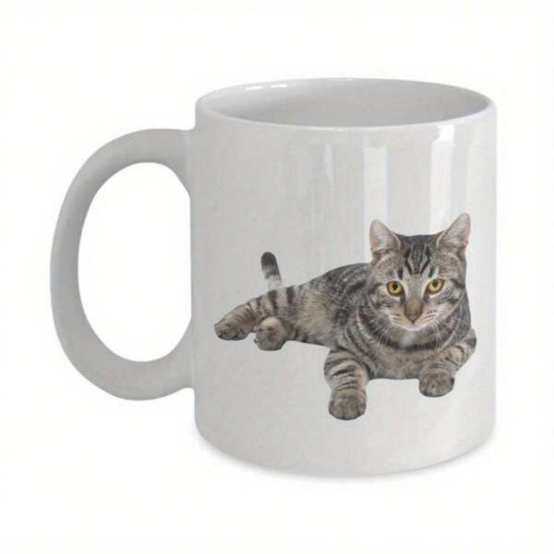 Tailorly White Ceramic 11 oz Mug - Realistic Gray Striped Tabby Resting Calmly Over A Clean Plain Surface Cat
