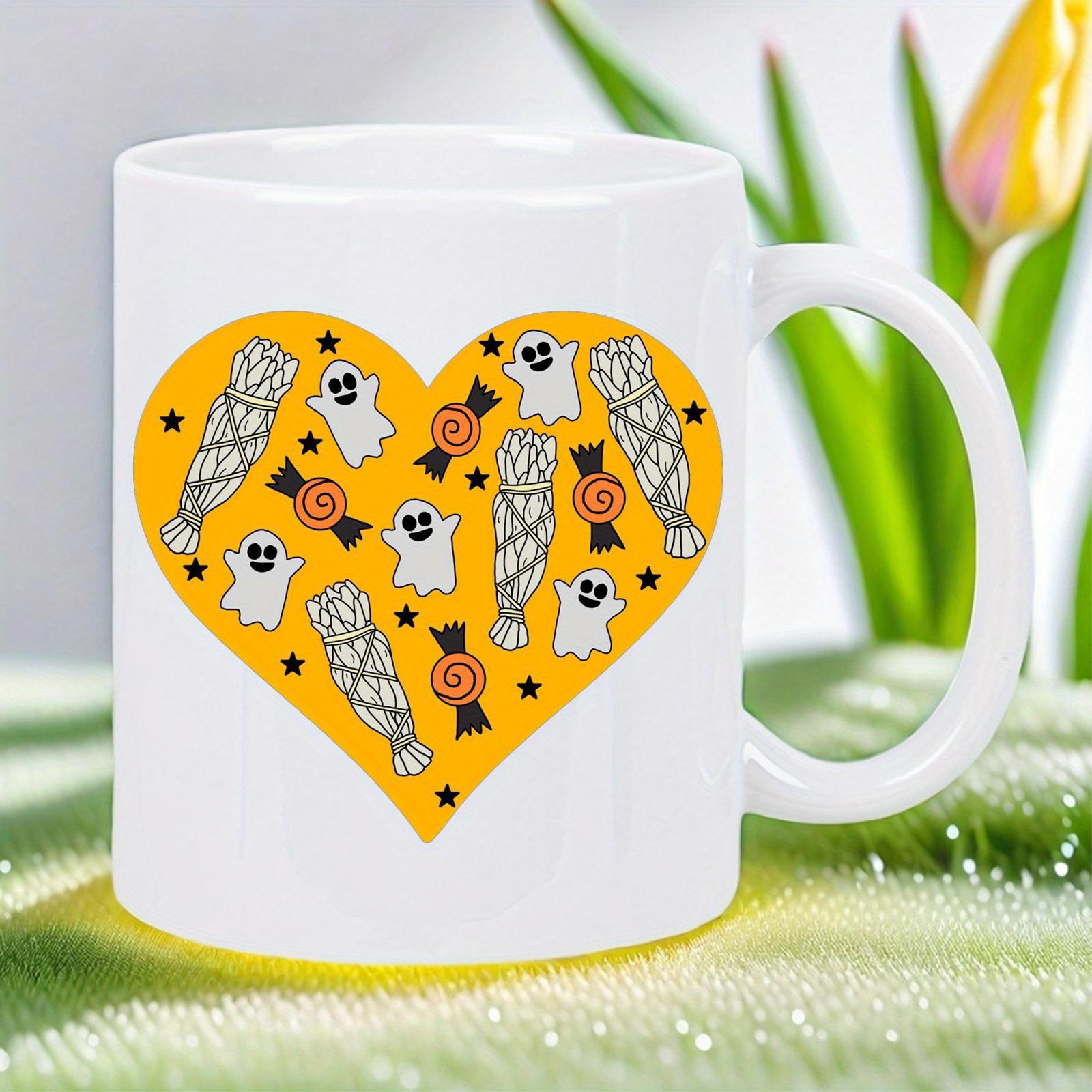 Tailorly White Ceramic 11 oz Mug - Yellow Heart Shape Filled With Friendly Ghosts And Bundled Sage Heart