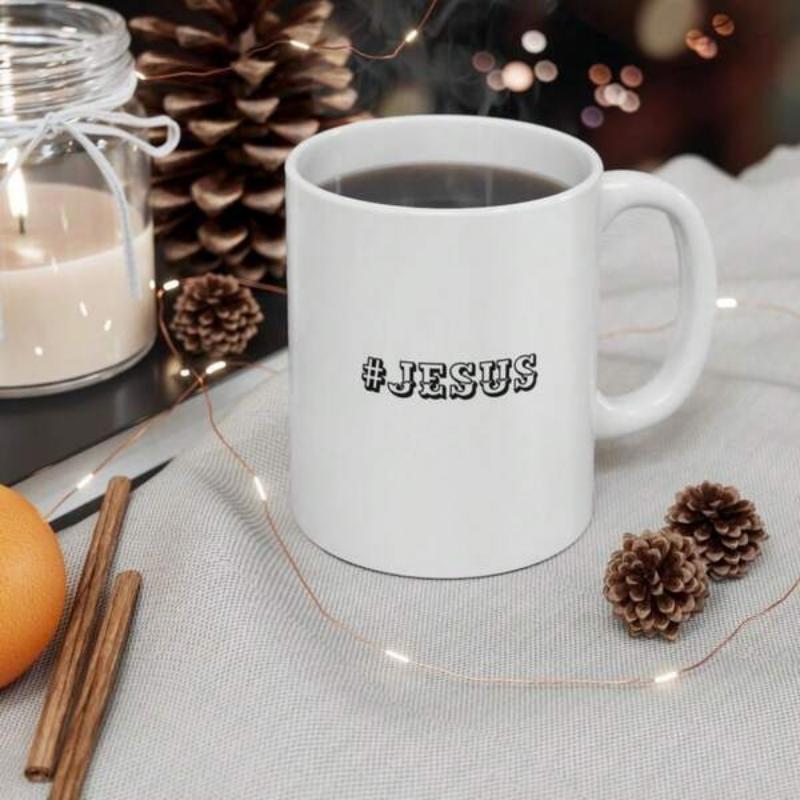Tailorly White Ceramic 11 oz Mug - Jesus Minimalist Retro Style Wavy Lettering On A Plain