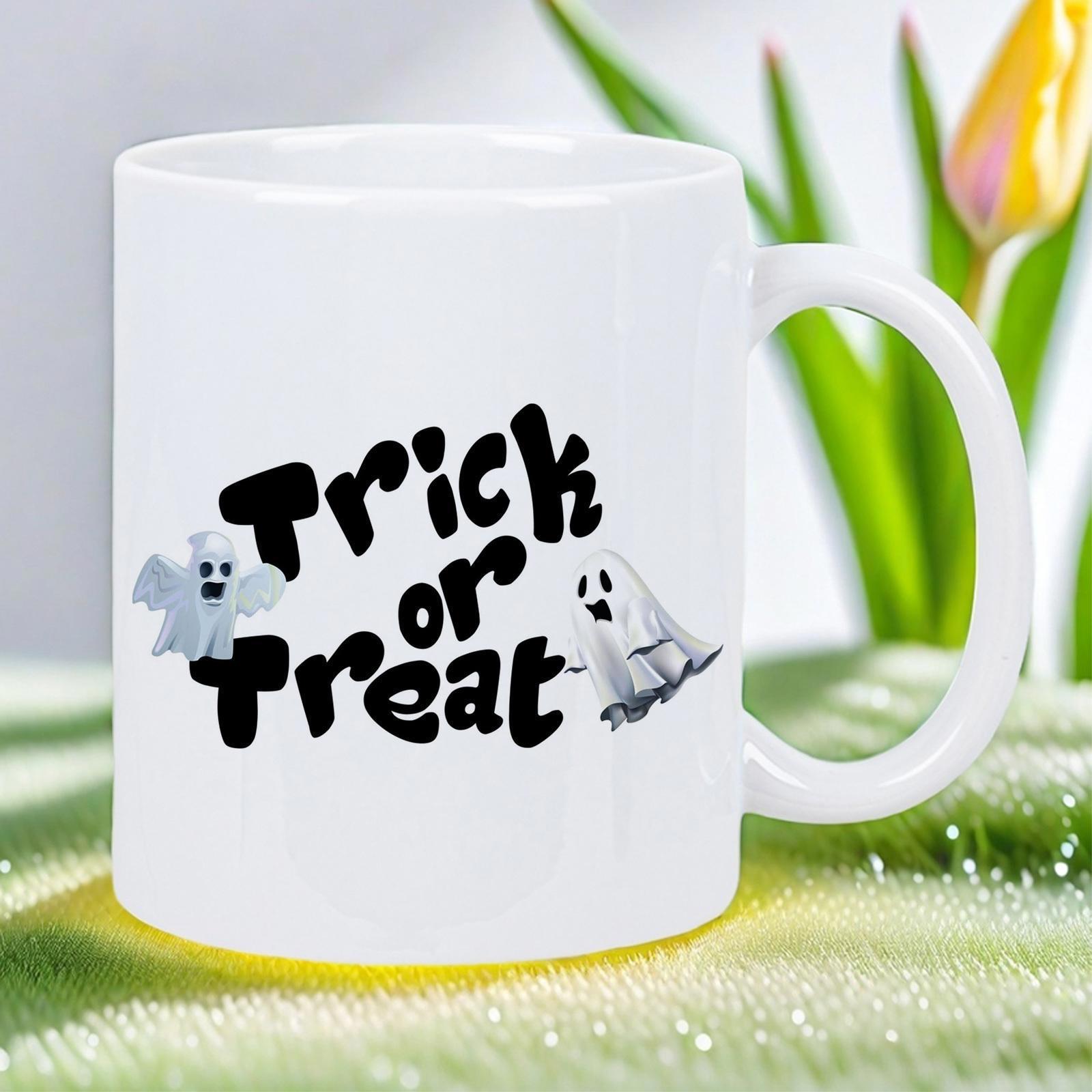 Tailorly White Ceramic 11 oz Mug - Trick Or Treat Spooky Cartoon Characters Floating Around Festive Halloween Message On White Surface Ghost