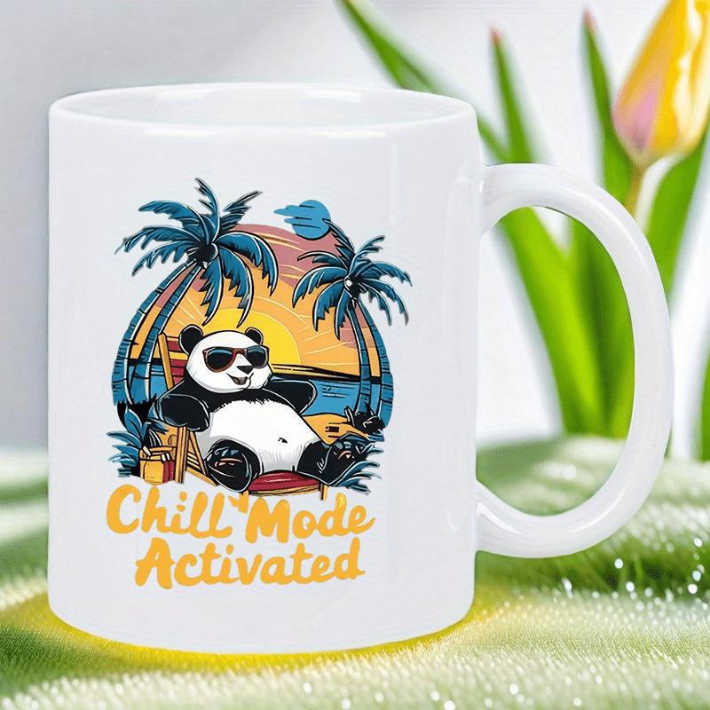 Tailorly White Ceramic 11 oz Mug - Chill Mode Activated Relaxing Cartoon Panda Wearing Sunglasses On A Sunny Tropical Beach Panda