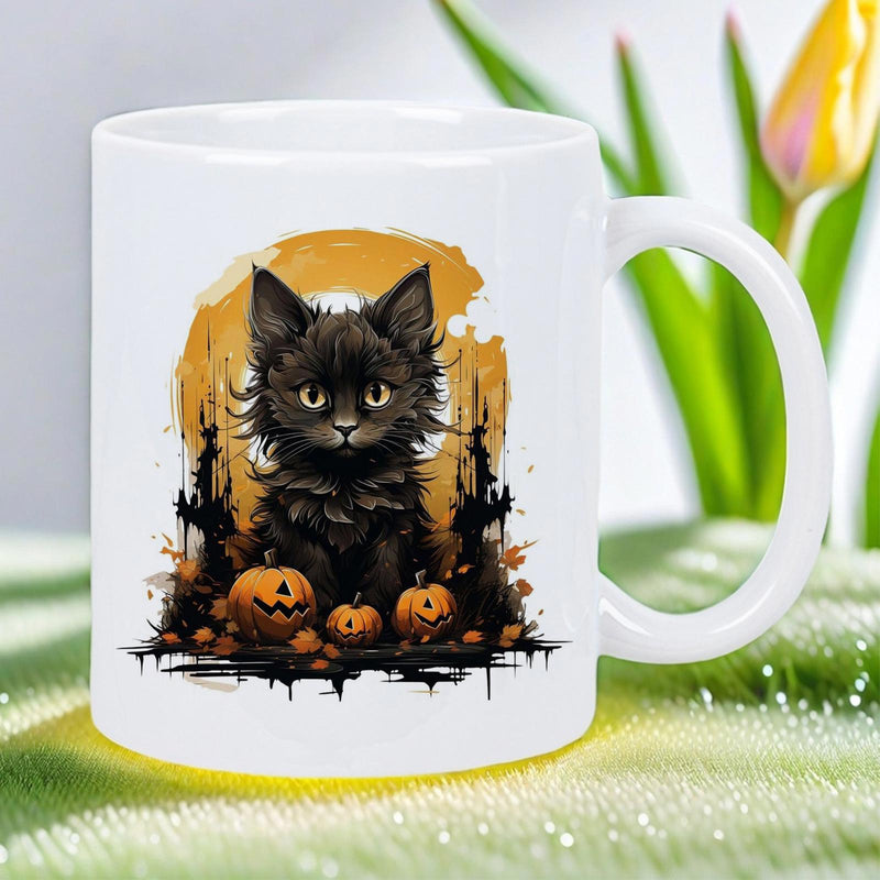 Tailorly White Ceramic 11 oz Mug - Fluffy Black Kitten Among Spooky Jack O Lanterns Under Glowing Moon Cat