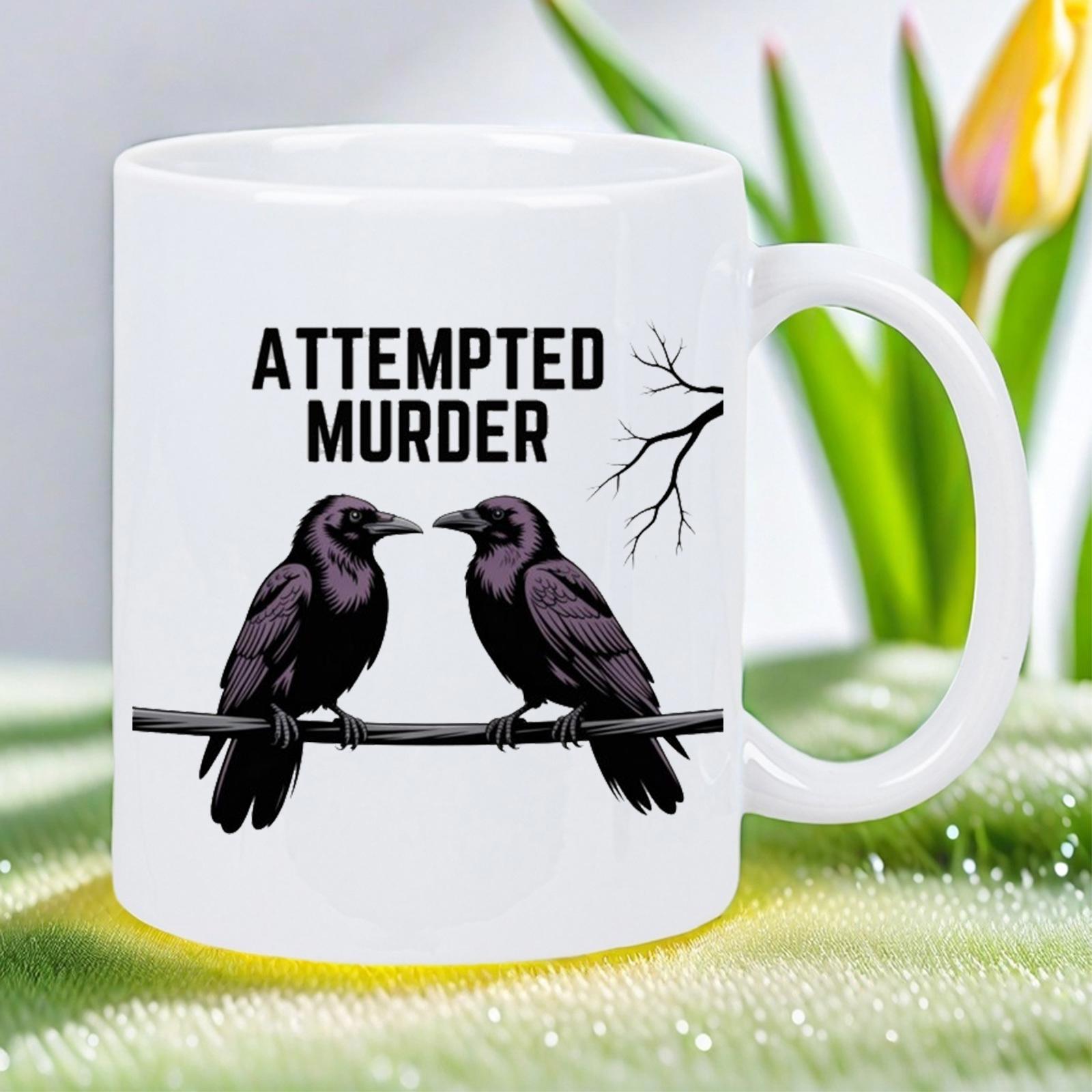 Tailorly White Ceramic 11 oz Mug - Attempted Murder Two Black Crows Perched Together On A Barren Winter Branch Crow