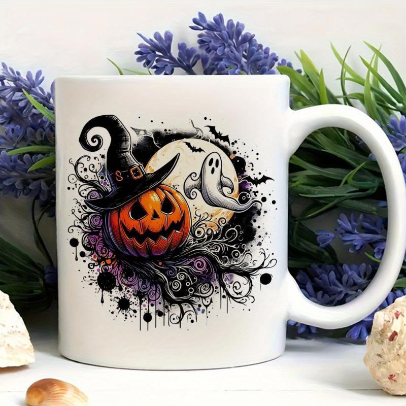 Tailorly White Ceramic 11 oz Mug - Spooky Halloween Night Scene With A Ghost Floating Near The Moon Pumpkin