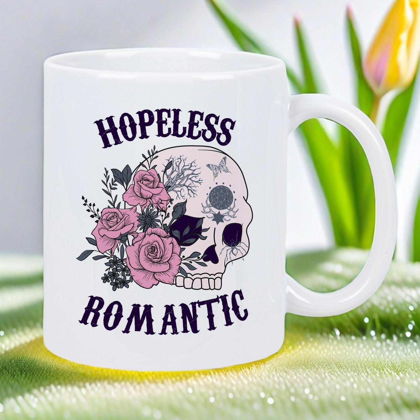 Tailorly White Ceramic 11 oz Mug - Hopeless Romantic Ornate Floral Elements With Delicate Pink Roses And Butterflies On Skull