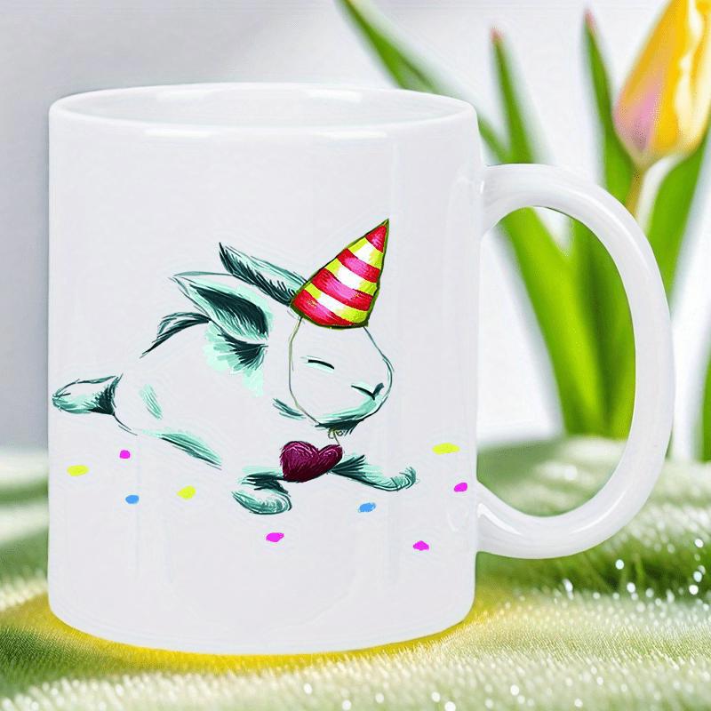 Tailorly White Ceramic 11 oz Mug - Playful White Bunny Wearing Striped Party Hat Among Scattered Colorful Confetti Rabbit