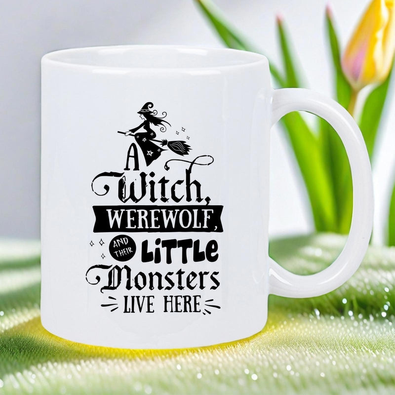 Tailorly White Ceramic 11 oz Mug - A Witch Werewolf And Their Little Monsters Live Here Mystical Silhouette Of Flying Sorceress On Broomstick Under Halloween Night