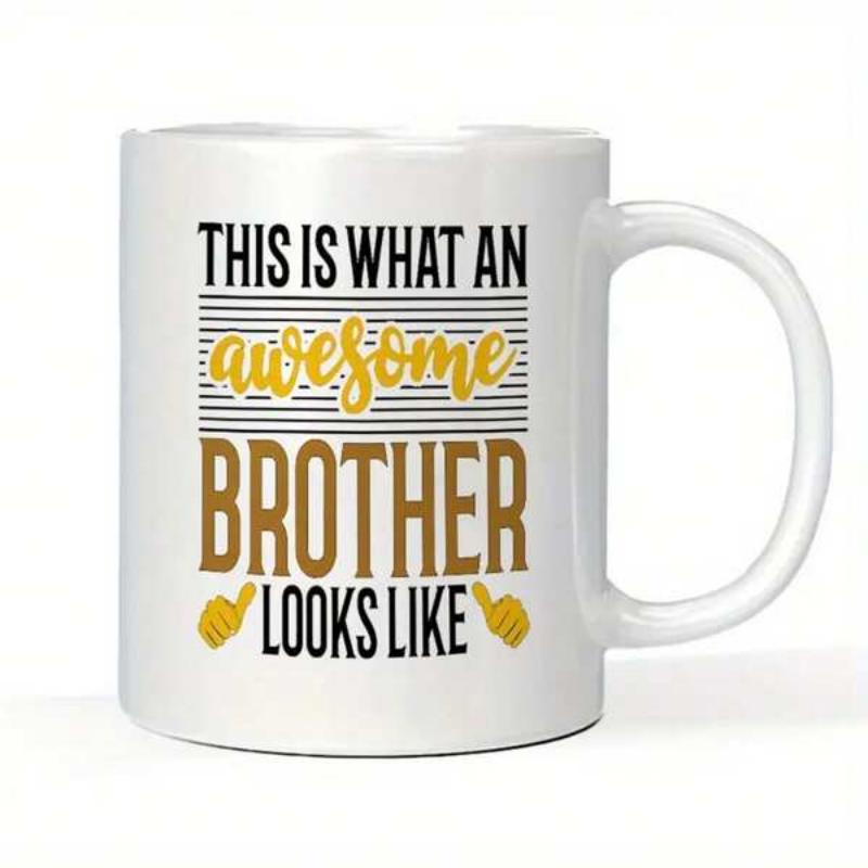 Tailorly White Ceramic 11 oz Mug - This Is What An Awesome Brother Looks Like Artistic Script With Golden Thumbs Up Icons And Horizontal Stripes Brother