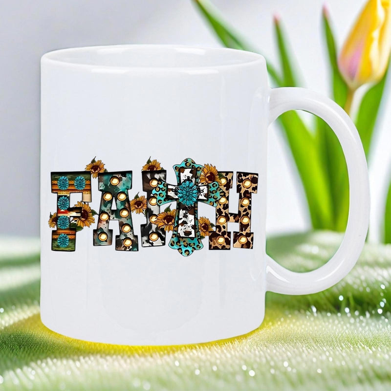 Tailorly White Ceramic 11 oz Mug - Faith Artistic Western Design With Leopard Print Sunflowers And Turquoise Stones Mug