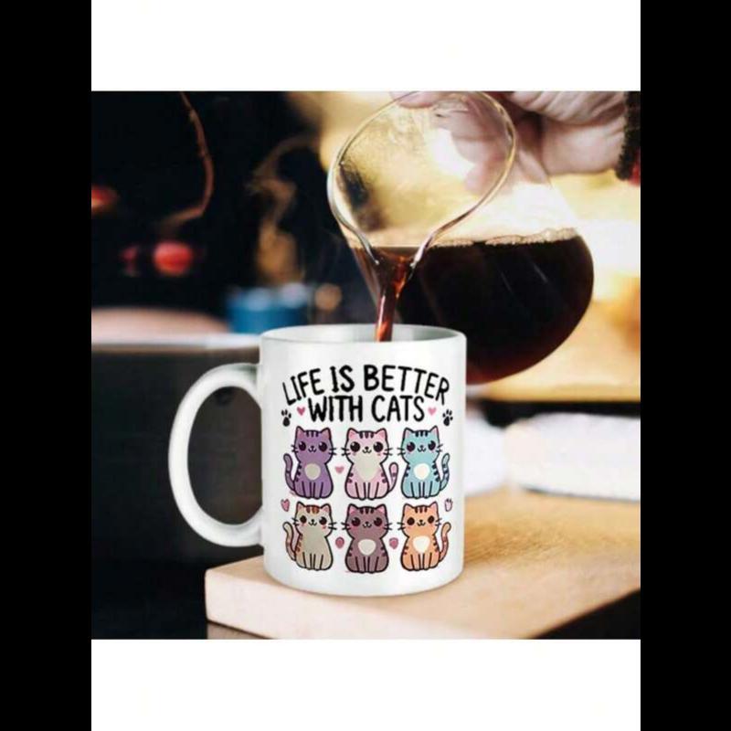 Tailorly White Ceramic 11 oz Mug - Life Is Better With Cats Six Colorful Cartoon Kittens Sitting In A Grid Pattern Cat