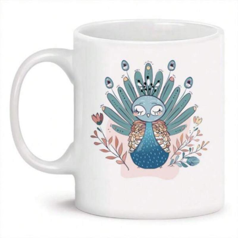 Tailorly White Ceramic 11 oz Mug - Adorable Cartoon Bird With Spreading Teal Feathers And Delicate Floral Branches Peacock