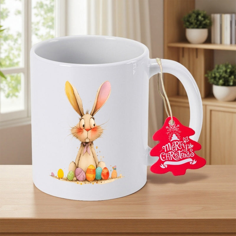 Tailorly White Ceramic 11 oz Mug - Merry Christmas Adorable Long Eared Bunny Sitting Behind Colorful Spotted Festive Eggs Rabbit