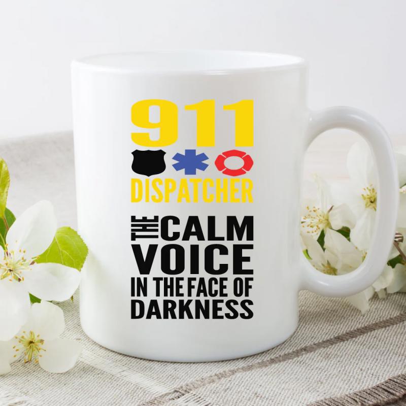 Tailorly White Ceramic 11 oz Mug - 911 Dispatcher The Calm Voice In The Face Of Darkness Emergency Symbols Representing Honor And Devotion Among First Responders