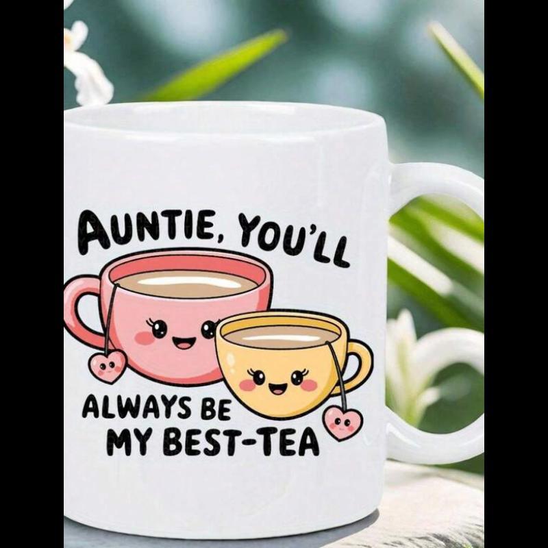 Tailorly White Ceramic 11 oz Mug - Auntie Youll Always Be My Best Tea Cute Smiling Cartoon Teacups With Heart Shaped Tags Mug
