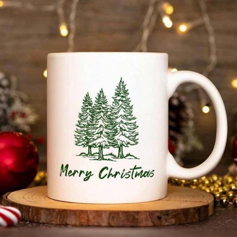 Tailorly White Ceramic 11 oz Mug - Merry Christmas Three Evergreen Pine Trees Standing Tall Amidst A Peaceful Winter Scene Pine Tree