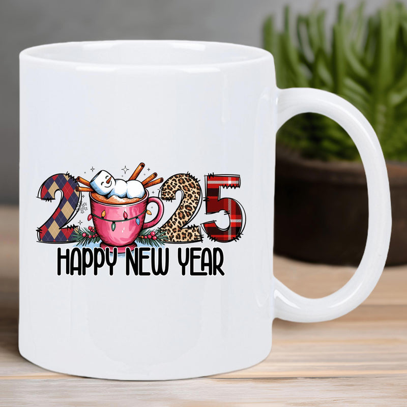 Tailorly White Ceramic 11 oz Mug - Happy New Year Festive Snowman In Cocoa Cup With Patterned Numbers Mug