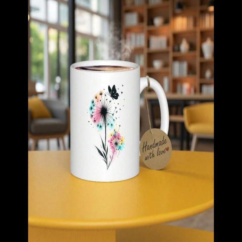 Tailorly White Ceramic 11 oz Mug - Handmade With Love Delicate Watercolor Petals With Colorful Splashes And A Flying Black Butterfly Dandelion