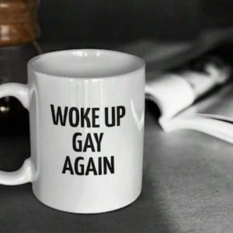 Tailorly White Ceramic 11 oz Mug - Woke Up Gay Again Minimalist White Ceramic Vessel With Bold Vertical Black Lettering Morning Mug