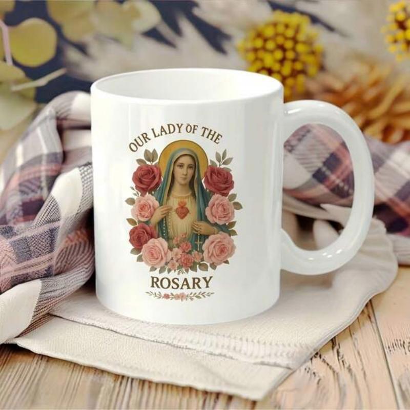 Tailorly White Ceramic 11 oz Mug - Our Lady Of The Rosary Sacred Virgin Mary Surrounded By Vibrant Red And Pink Blooming Roses Portrait